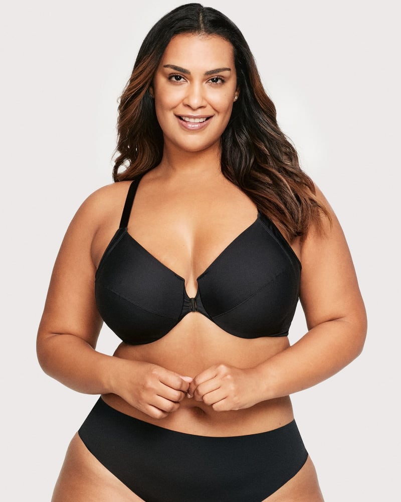 Front of a model wearing a size 36D Front-Closure Smoothing WonderWire Bra in Black by Glamorise. | dia_product_style_image_id:262805